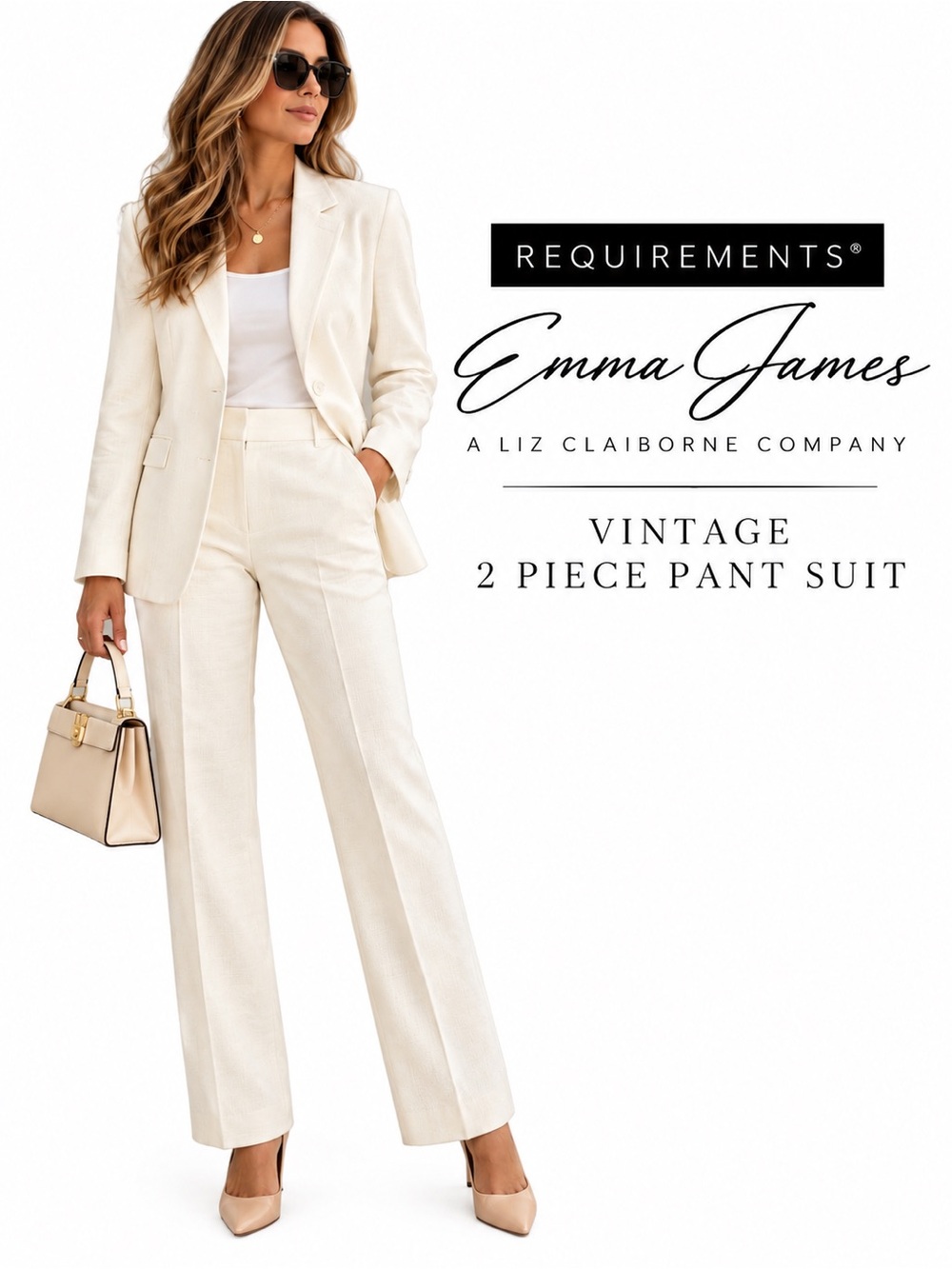 Vintage Requirements Liz Claiborne Ivory Linen Pant Suit Blazer 14 Pants 12